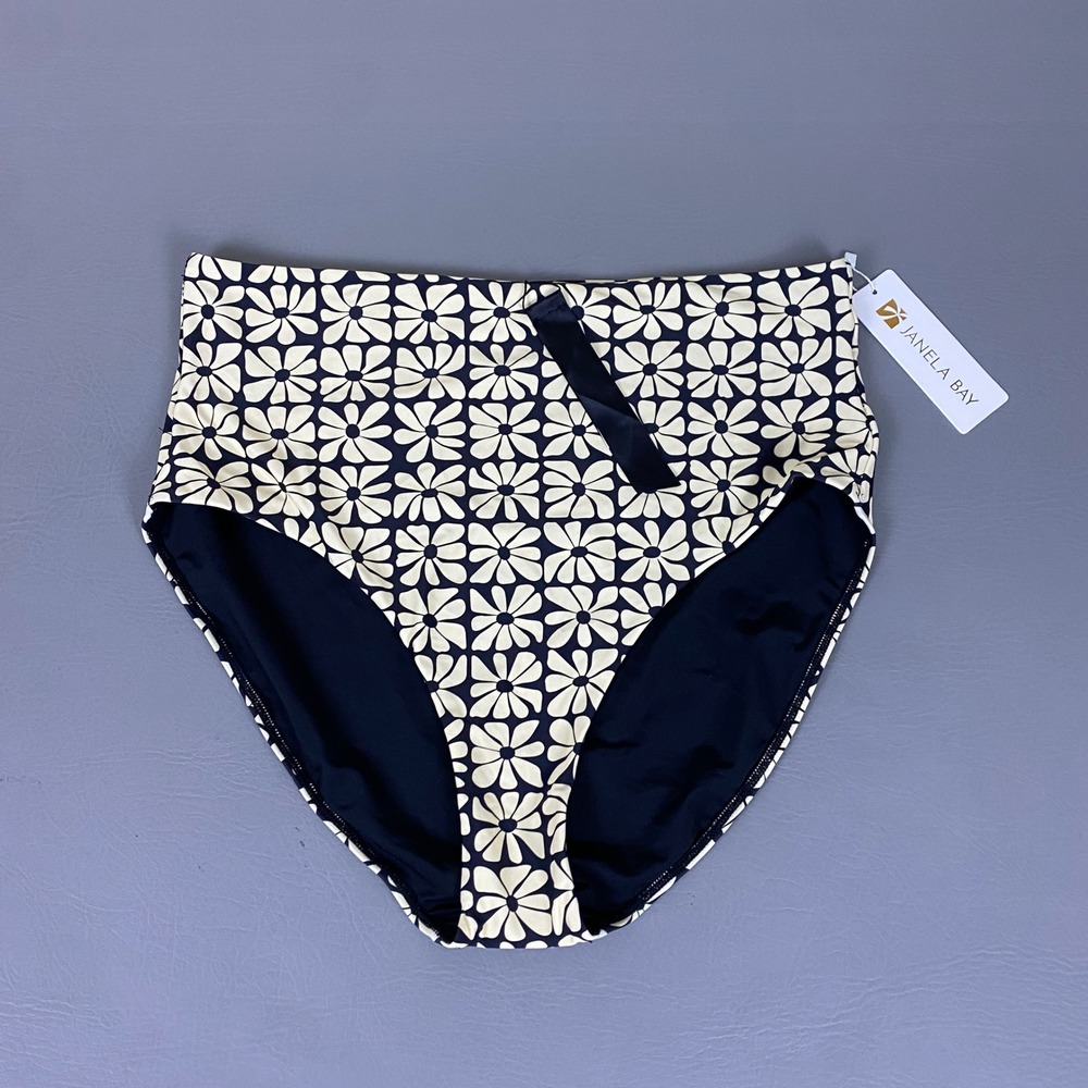Janela Bay Swim Bottom Women's XL High Waisted Navy Blue Cream Floral Daisy NWT